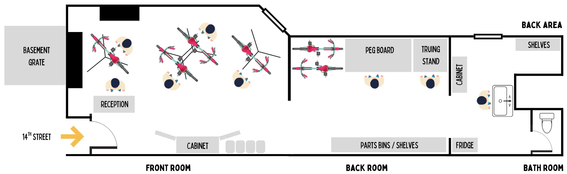 Floor plan of Time's Up bike co-op showing tool locations